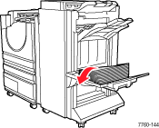 Graphic illustrates removing paper from the booklet output tray.